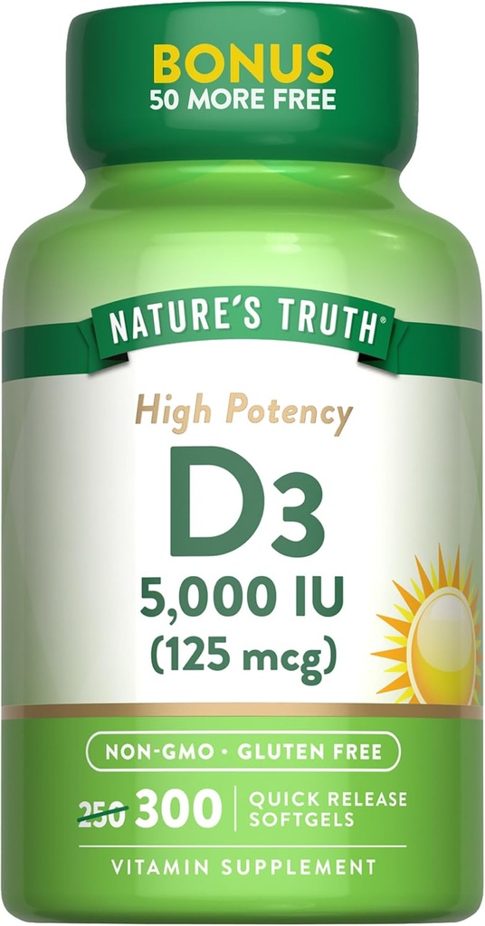 Nature's Truth Vitamin D3 5000 IU(125 mcg) | 300 Softgels | 高効力ビタミンD | 非GMOおよびグルテンフリーサプリメント