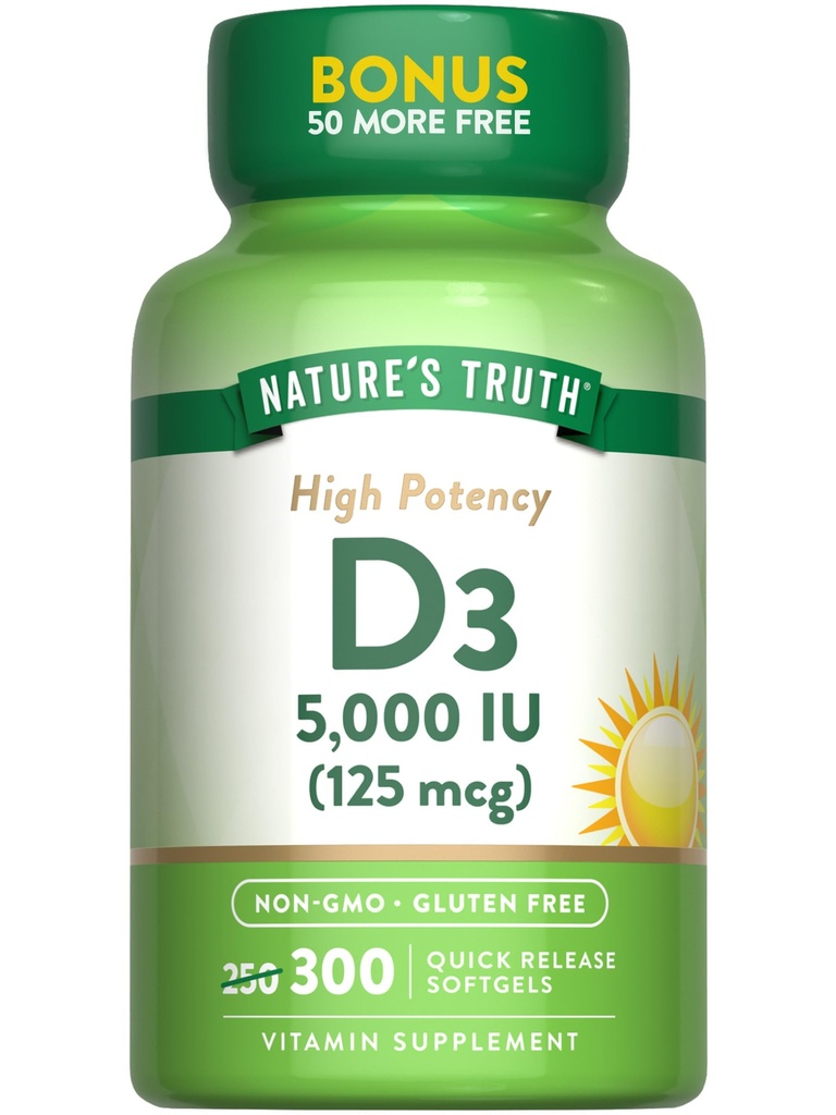 Nature's Truth Vitamin D3 5000 IU(125 mcg) | 300 Softgels | 高効力ビタミンD | 非GMOおよびグルテンフリーサプリメント