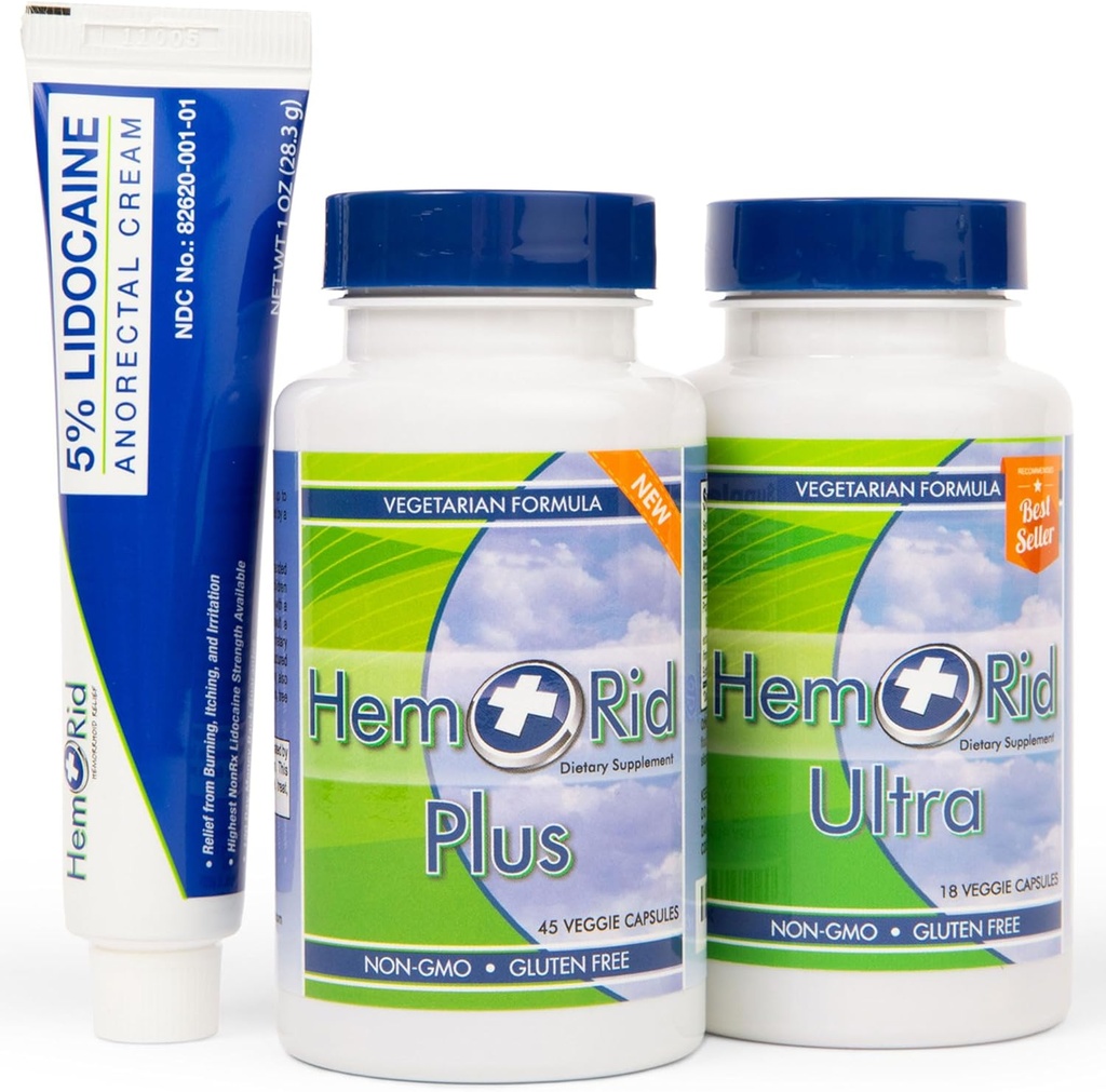 HemRid Plus、Ultra、および5%リドカインクリームバンドル - Hemorrhoid CareのHerbal Hemorrhoidサプリメントと最大強度クリーム - 内部および外部の痔のためのトリプルアクション救済