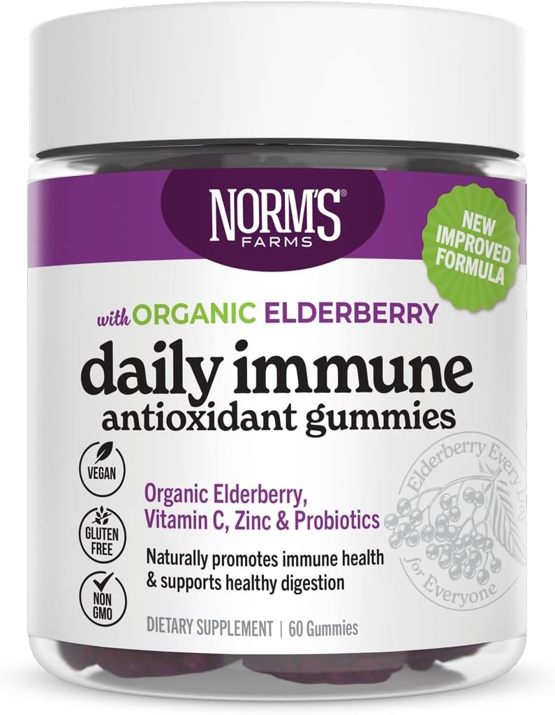 Norm's Farms Organic Elderberry Gummies - 大人のための毎日の免疫サポート&亜鉛、DE111 Probiotic、ビタミンC - 米国製、3rdパーティテスト - ビーガン、グルテンフリー、コーシャ、非GMO、60ガミー