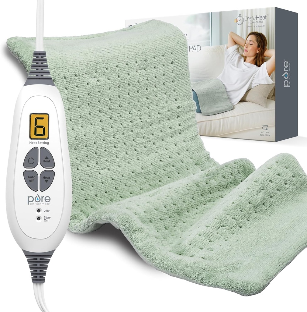 純粋なEnrichmentのPureRelief XLの暖房パッド- 12" x 24"背部苦痛及びクランプ、6熱設定、FSA/HSAの適性、柔らかい機械洗浄の生地、自動オフ及び湿気がある熱(Zenの緑)のための電気暖房パッド