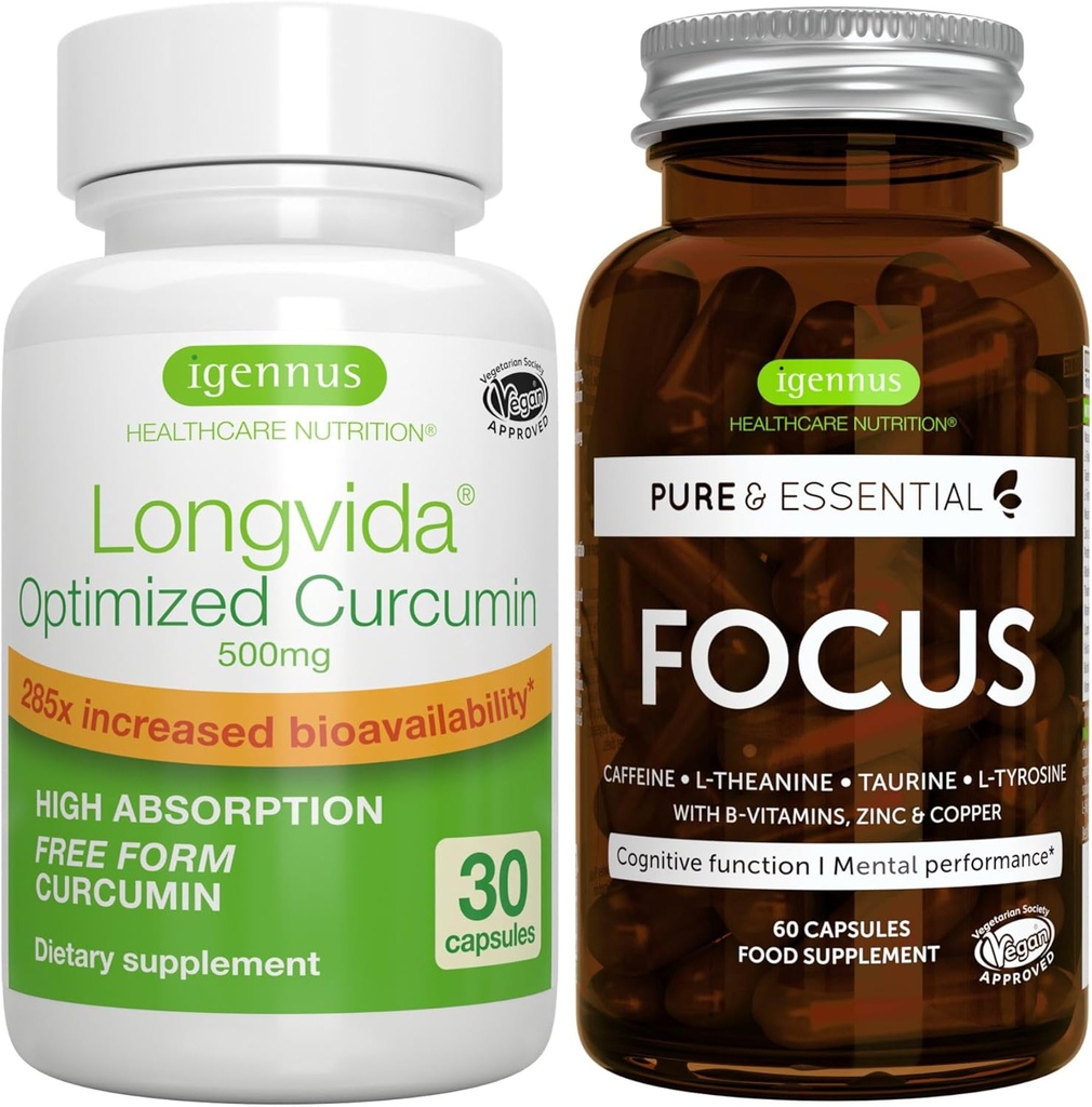 Longvida の Lipidated の Curcumin 500mg + 焦点の頭脳のブースター ビーガン 束、超生物利用できる Curcumin + カフェイン、L テアニン、タウリン及び L チロシン、B ビタミン、亜鉛及び銅、Igennus による