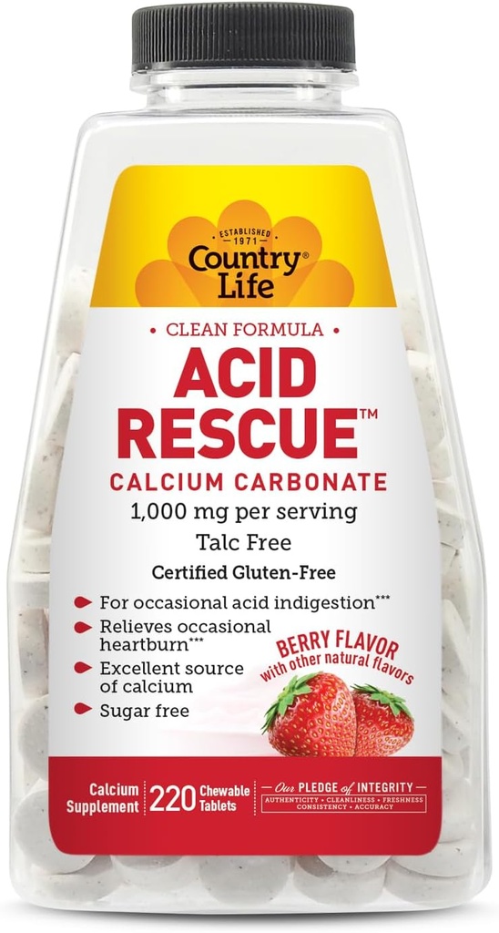 国の生命酸の救助のChewableのタブレット-証明されたビーガン及びグルテンフリーのHeartburnの救助、400mg Calcium及びマグネシウム、非GMOの砂糖なしのミントの味、支持の骨の健康、220の計算