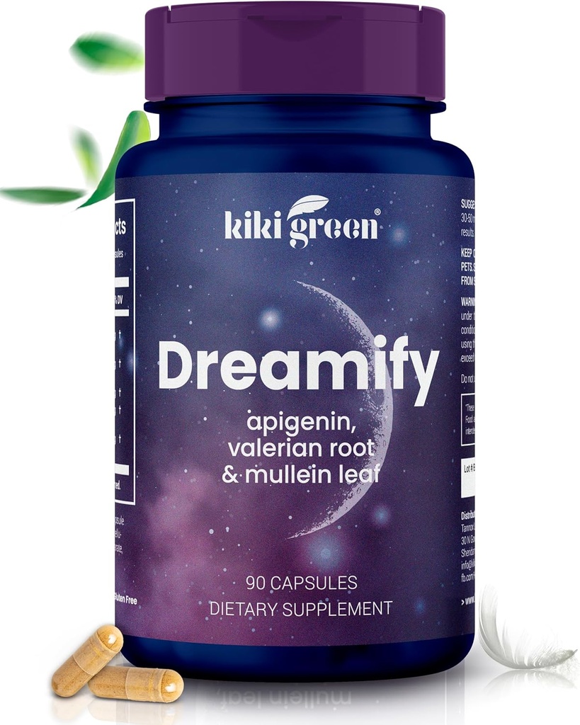 キキキグリーンDREAMIFYサプリメント - アピゲニン、バレリアンルート、ムレインリーフエキス - 残り、リラックス、健康的な睡眠サイクル - 90ビーガンカプセル