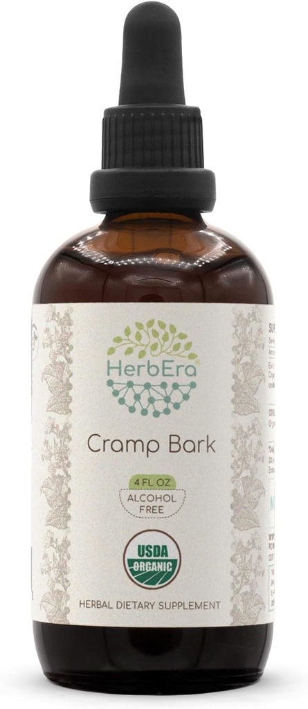 HerbEra Cramp Bark B120 USDA Organic Tincture | アルコールフリーエキス、高確率ハーブドロップ | 認定オーガニッククランプバーク(Viburnum Opulus) ドライバーク(4 fl oz)