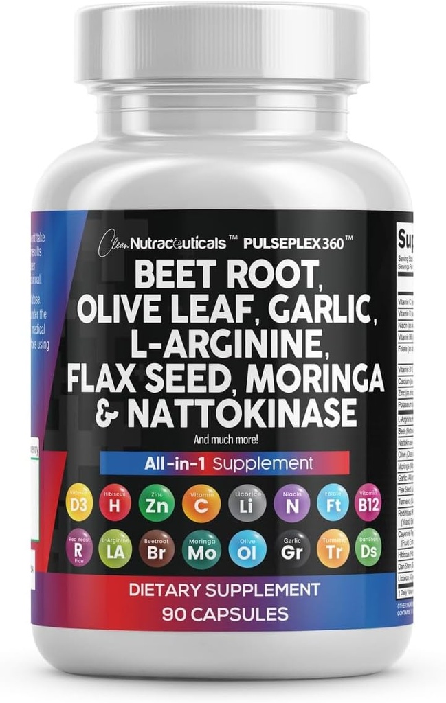 きれいなNutraceuticalsビートルートカプセルオリーブリーフナトキナーゼニンニクエキスL-アルギニンオメガ3レッドイーストライスハイビスカスDanshen - ヘルシーサポートサプリメント - 90 Ct