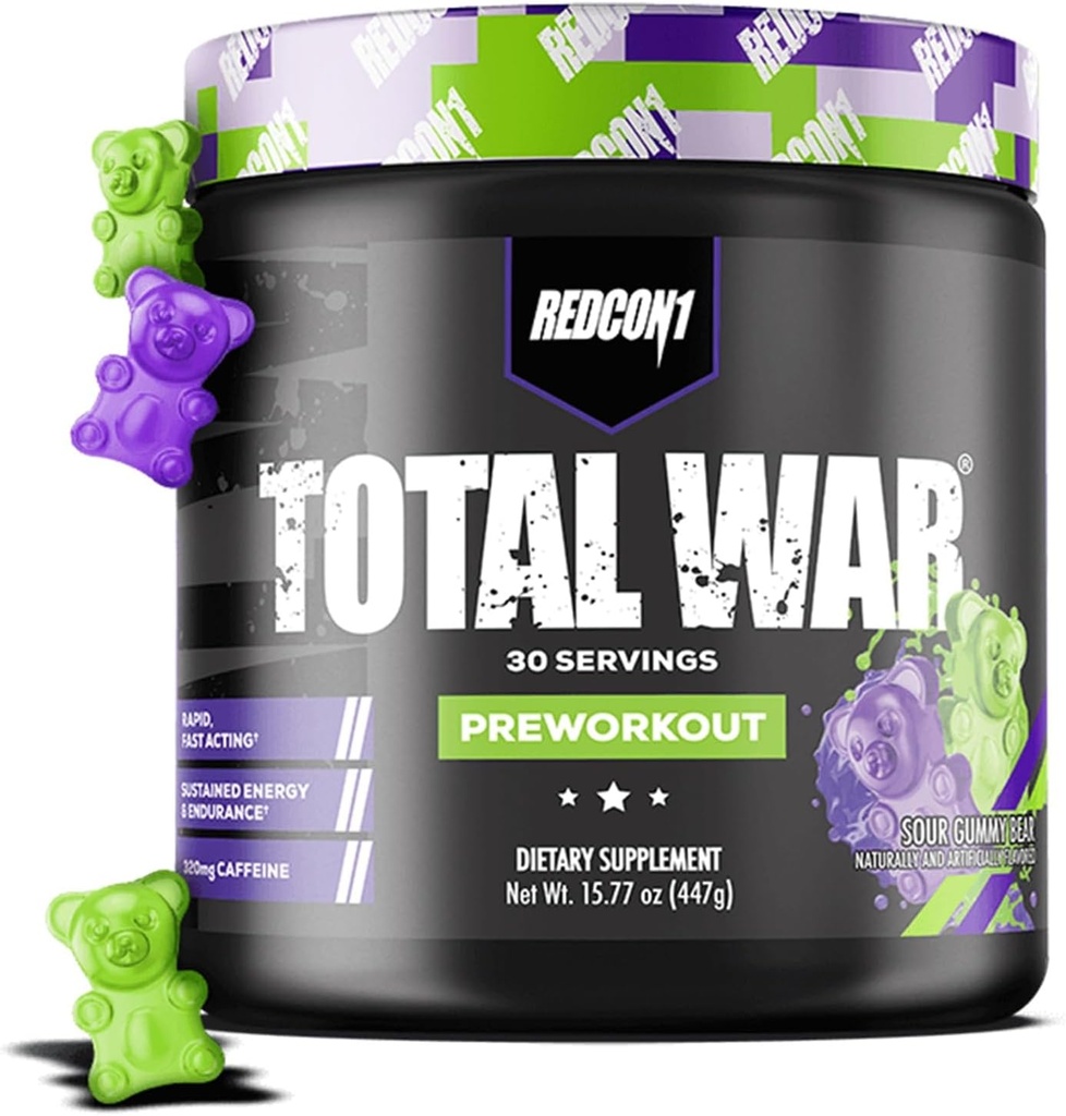 REDCON1 Total War Pre Workout、Sour Gummy Bear - 緑茶、ジュニパー、ベータアラニンからカフェインの320mgが含まれています - ポンプ、エネルギー + 持久力(30のサービング)を増やすためにアミノ酸でプレワークアウト
