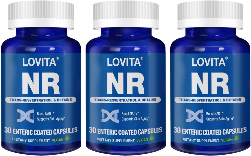 Lovita NR (ニコチンアミドリボシド) 350 mg, トランスレスベラトロールとベタインのNADサプリメント, NADプラスレベルを促進します, 健康な老化, 30 ビーガンエンティックコーティングカプセル (パック 3)