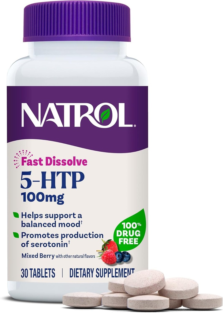 Natrol 5-HTP 100 mg, 高速分解サプリメント, バランスの取れた気分をサポート, セロトニン生産と一般的なウェルビーイング, 30 混合ベリー錠, まで 30 供給