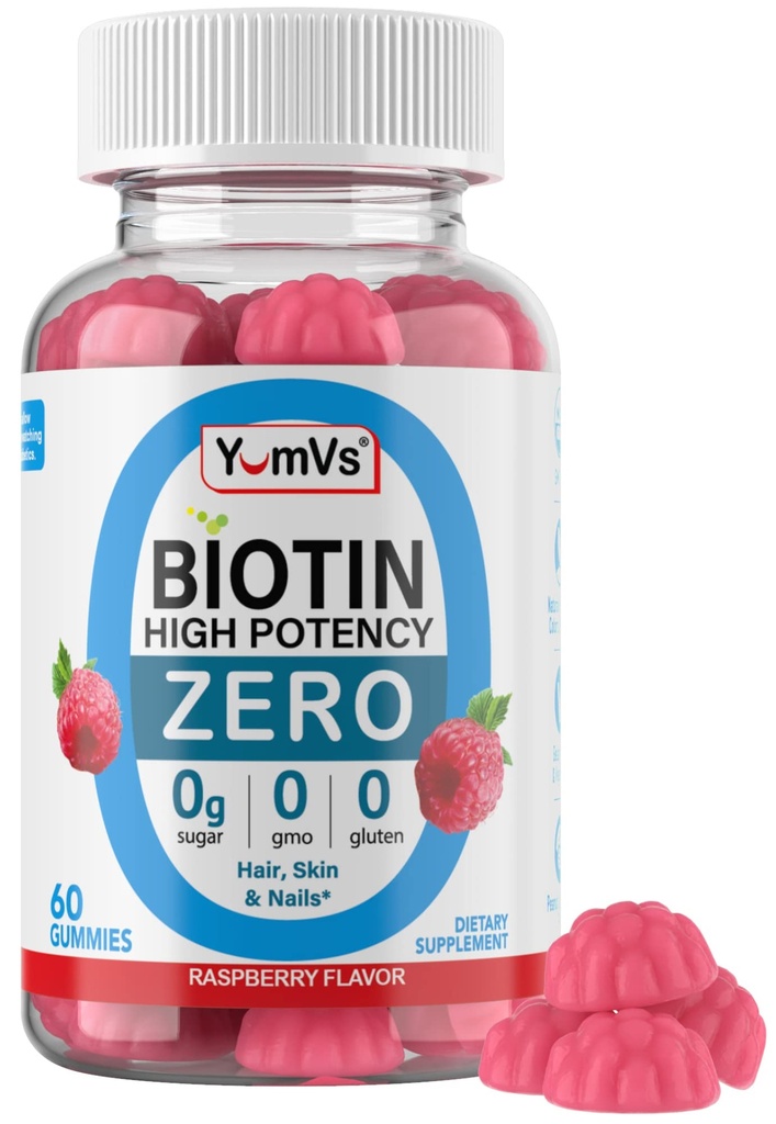 ビオチン ・ グミー ・ シュガー無料 – 5,000 mcg 髪のための高効力ビオチン, 皮膚 & 爪 – ゼロ シュガー, 非GMO, グルテンフリー, ビーガン ラズベリー ・ グミ – 60 カウント