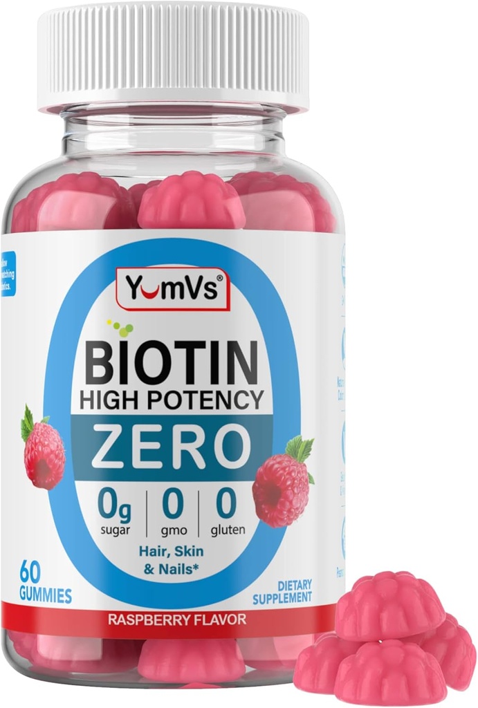Biotin Gummies Sugar Free – 5,000 mcg High Potency Biotin for Hair, Skin & Nails – Zero Sugar, Non-GMO, Gluten Free, Vegan Raspberry Gummies – 60 Count