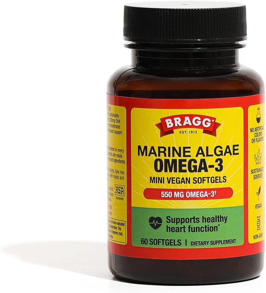 Bragg Omega-3はDHAとEPAとカプセルを補います - 60ビーガンSoftgels - Sustainable-Sourcedマリン藻 - 目と脳の健康をサポート
