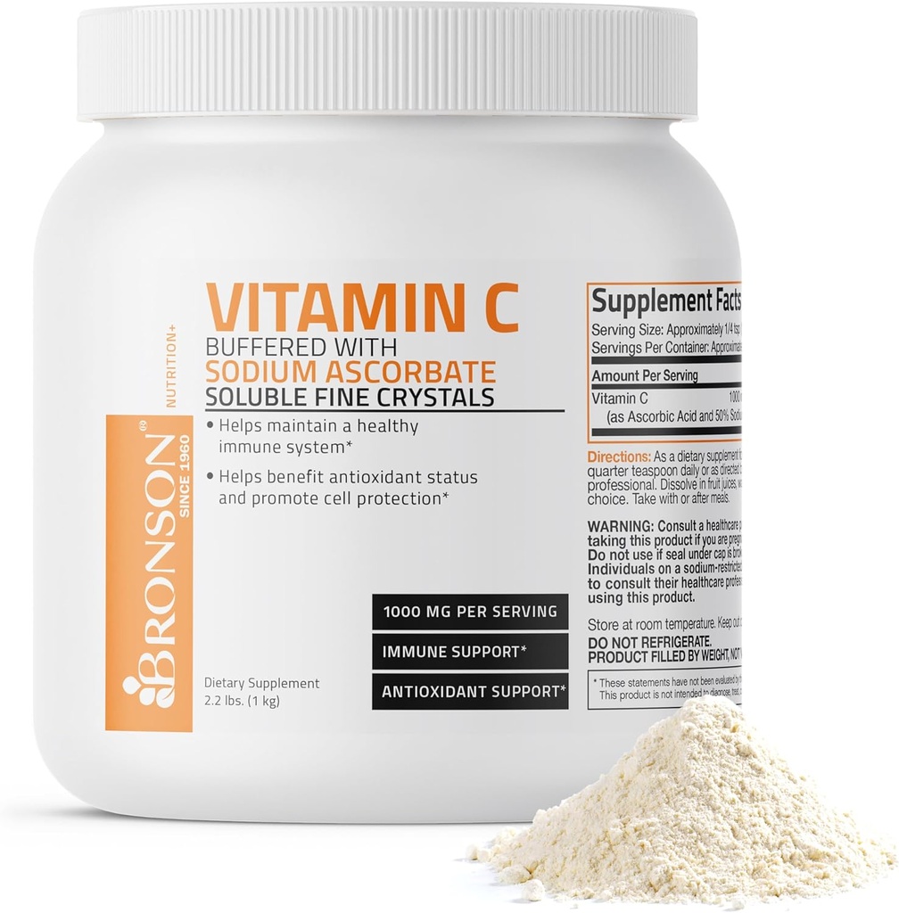 Bronson Buffered Vitamin C Powder Ascorbic Acid Buffered with Sodium Ascorbate Soluble Fine Crystals – Promotes Healthy Immune System and Cell Protection – Powerful Antioxidant - 1 Kilogram (2.2 Lbs)