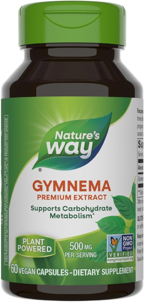 Nature's Way Gymnema Premium Extract, Supports Carbohydrate Metabolism*, 500 mg per Serving, Non-GMO Project Verified, 60 Vegan Capsules (Packaging May Vary)