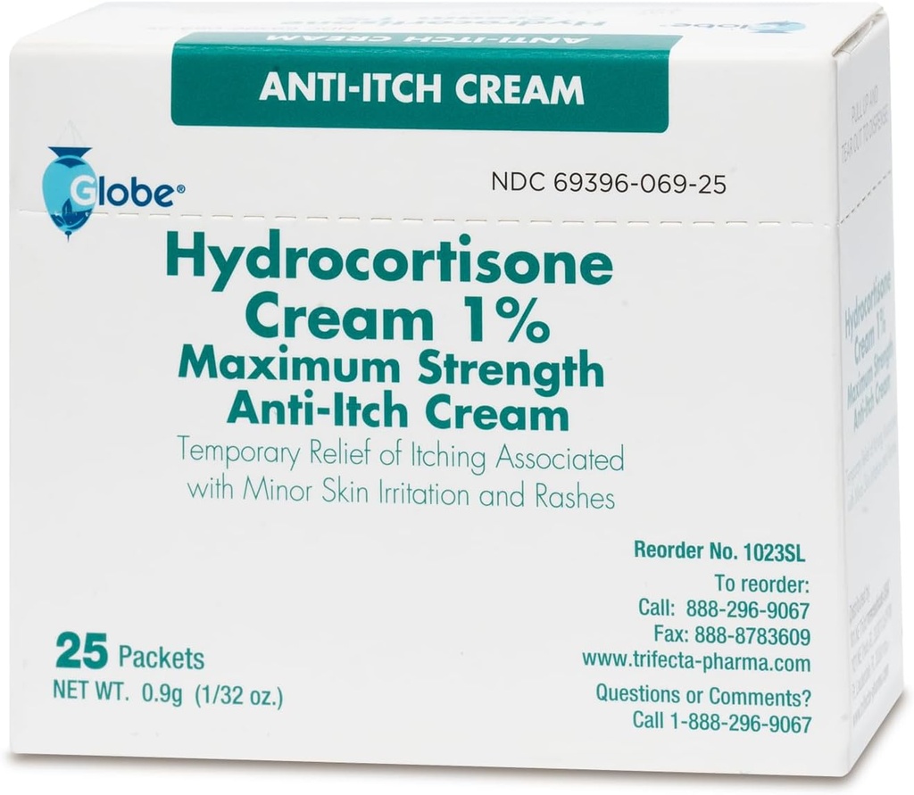 Globe (Box 25 Hydrocortisone 1% Maximum Strength Cream, (0.9g Packet) Anti-Itch Cream for Redness, Swelling, Itching, Rash, Bug Bites, Eczema, More