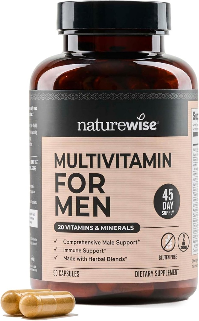 NatureWise Multivitamin for Men - Daily Male Support - Minerals & Herbs for Energy, Performance, Immunity - with Vitamin A, C, D, B-Complex - Soy & Gluten-Free, Non-GMO - 90 Capsules[45-Day Supply]