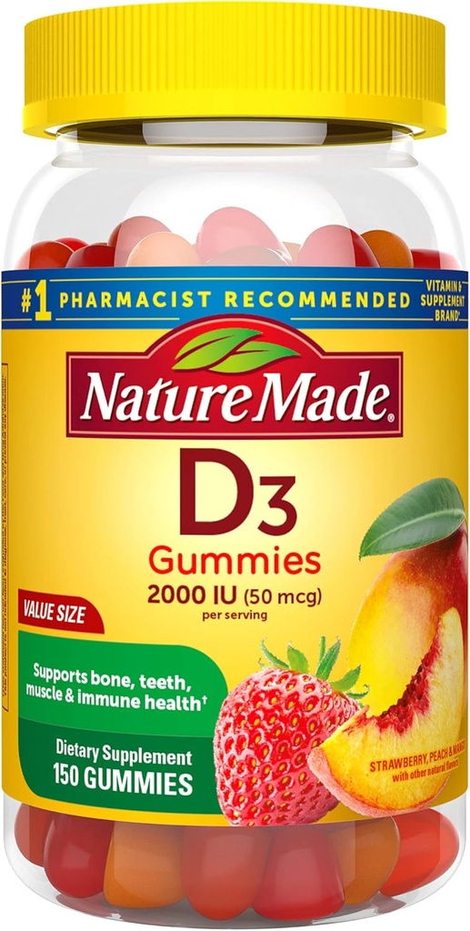 Nature Made Vitamin D3, 150 Gummies, Vitamin D 2000 IU (50 mcg), Vitamin D Gummies For Adults Helps Support Immune Health, Strong Bones and Teeth, & Muscle Function, 250% of Daily Value for Vitamin D