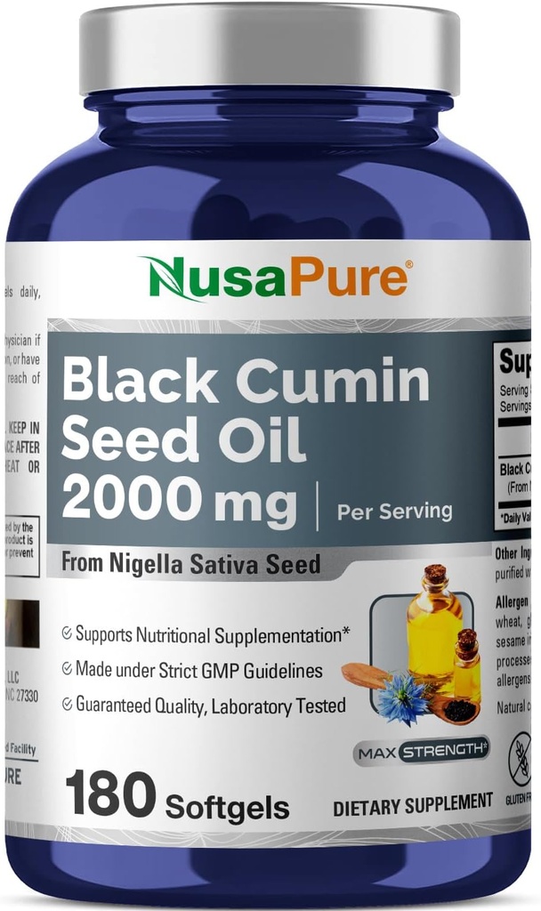 NusaPureブラックシードオイル2000mg/サービング - 180ソフトゲルキャップ(非GMO、グルテンフリー)冷間プレスニゲラサティバ