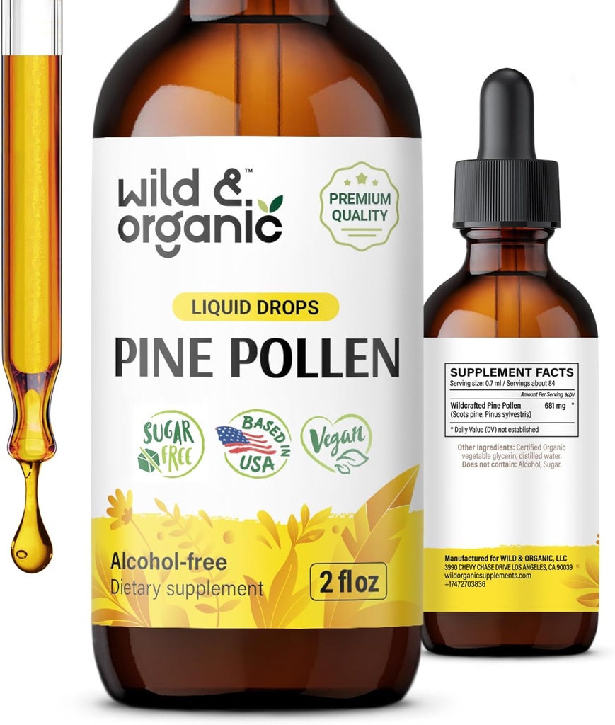 Wild & Organic Pine Pollen Tincture - Antioxidant & Immune Support - Pine Pollen Extract Drops - Vegan, Sugar & Alcohol-Free Liquid Supplement - 2 fl oz