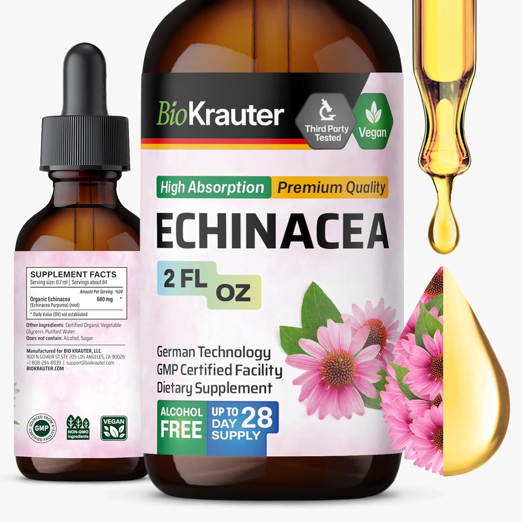 BIO KRAUTER Echinacea チンキ - 自然免疫サポート - エキナセアサプリメント - ビーガン, アルコール & 砂糖無料ドロップ - 2 Fl.Oz.