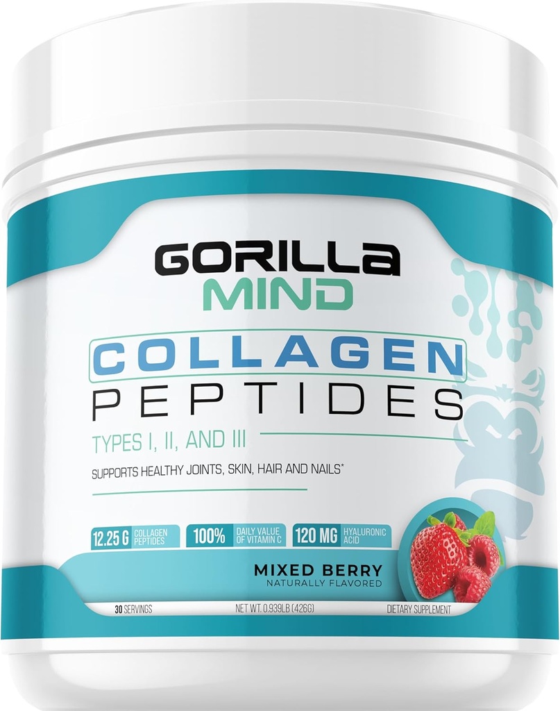 Gorilla Mind Collagen Peptides Powder - Joint & Bone Health/Great for Hair, Skin & Nails/Sleep Support/Types I, II, III/Mix in Water, Juice or a Smoothie - 426g (Mixed Berry)