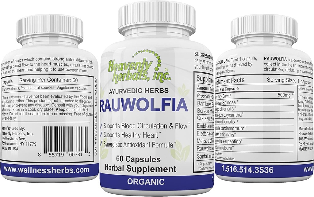 Rauwolfiaカプセル、有機ハーブサプリメント - Rauwolfia Serpentinaブレンド - Ayurvedicハーブ&ナチュラル救済 - 血循環サポート&フロー - 自然心の健康 - 60 Ct