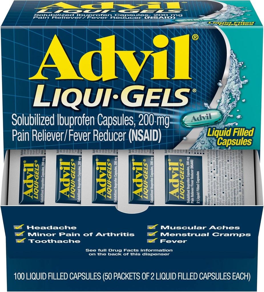 Advil Liqui-Gels Pain Reliever and Fever Reducer, Pain Medicine for Adults with Ibuprofen 200mg for Headache, Backache, Menstrual Pain and Joint Pain Relief - 50x2 Liquid Filled Capsules
