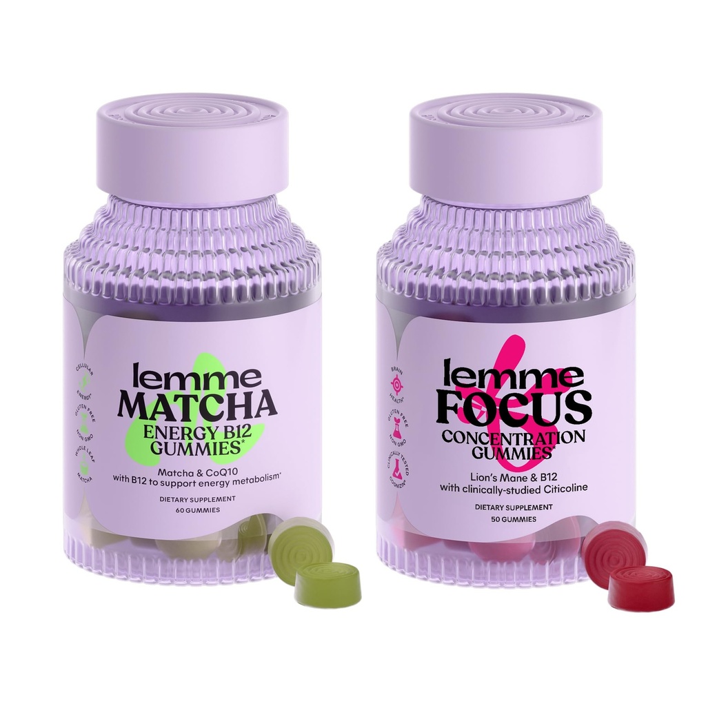 Lemme Matcha & Focus Bundle | スーパーフードエナジー グミリー | B12、グリーンティー + CoQ10 | コグニジン シチコリン | フォーカス&ブレインヘルス | グルテンフリー | バラエティパック 2
