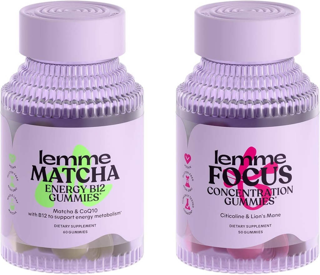 Lemme Matcha & Focus Bundle | スーパーフードエナジー グミリー | B12、グリーンティー + CoQ10 | コグニジン シチコリン | フォーカス&ブレインヘルス | グルテンフリー | バラエティパック 2