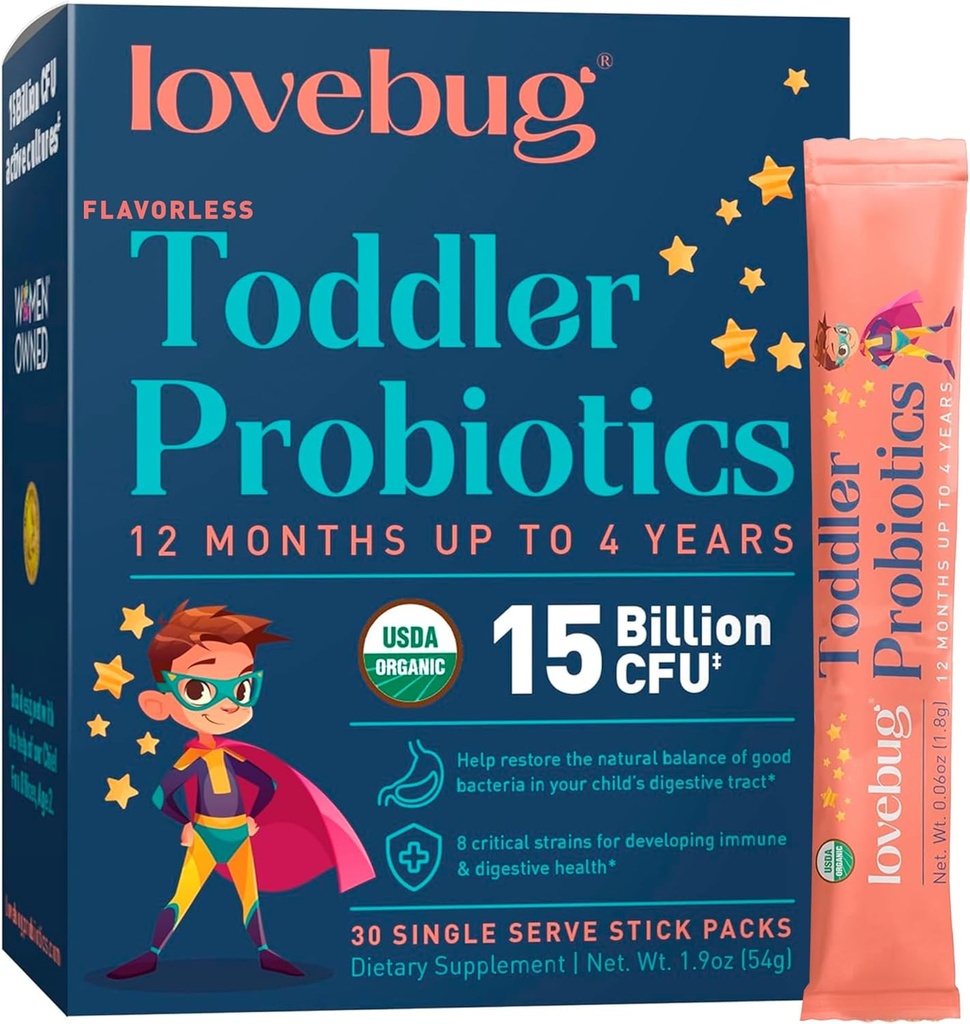 Lovebugは、プレバイオティックファイバーとプロバイオティックパウダー - Toddler免疫サポート&便秘救済 - USDA子供向け有機プロバイオティクスグアット&消化器用健康(エイジ1-4) - 30パック(未熟)