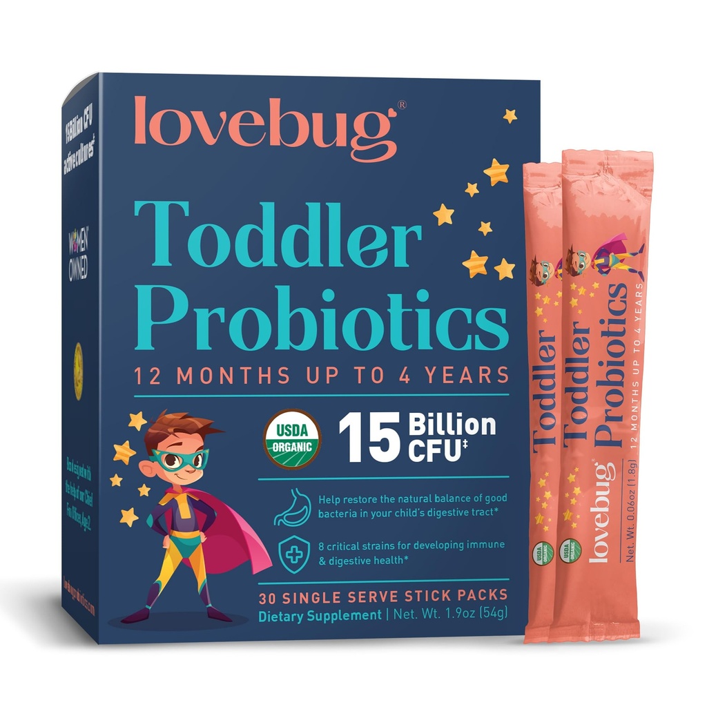 Lovebugは、プレバイオティックファイバーとプロバイオティックパウダー - Toddler免疫サポート&便秘救済 - USDA子供向け有機プロバイオティクスグアット&消化器用健康(エイジ1-4) - 30パック(未熟)