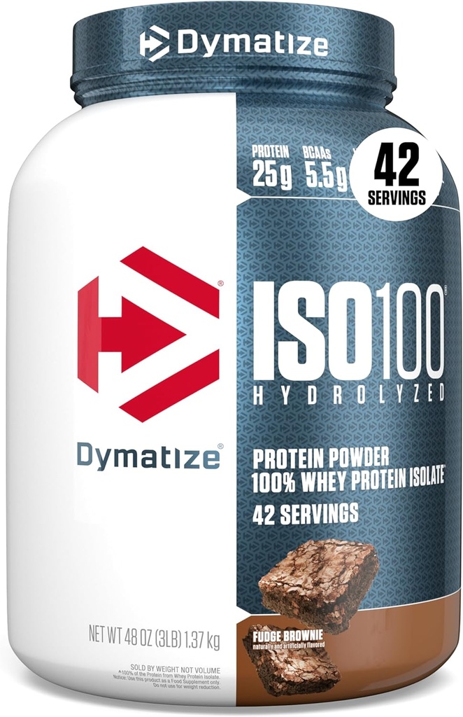 Dymatize ISO100 Whey Protein Powder Isolate, Fudge Brownie, 25g of Protein, 3 Pound, 5.5g BCAAs, Less Than 120 Cal., Gluten Free, 1g Fat, 1g Sugar, 2g Carb (42 Servings)