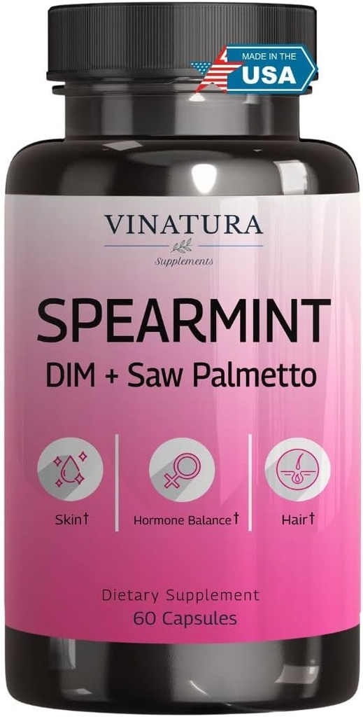 VINATURAのSpearmintの葉のカプセルの補足-不必要な毛、女性の健康及び皮のためのDIM及び鋸パルメットと高められる*米国は及びテストしました* - 1380mg/serving、60のカプセル(30のサービング)