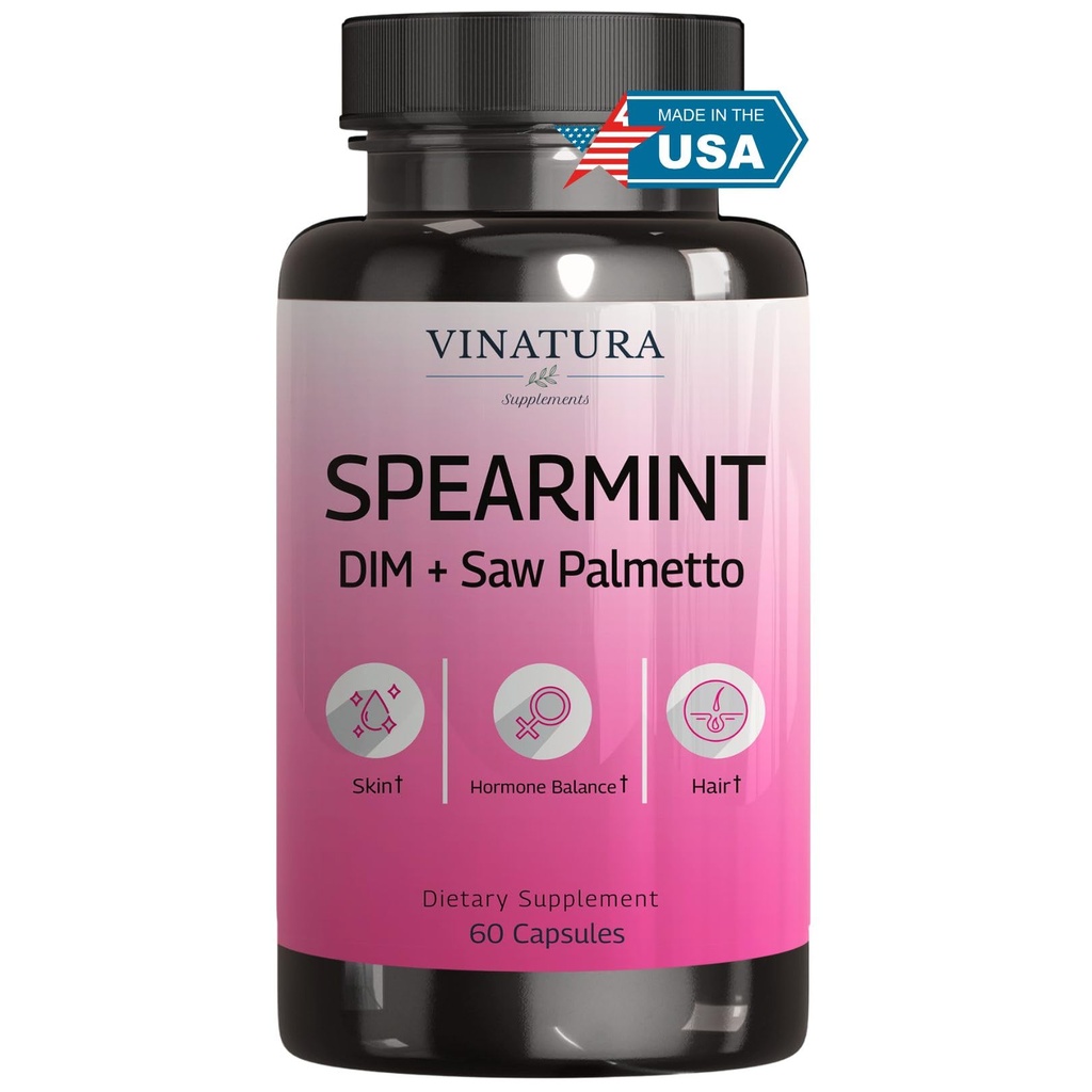 VINATURAのSpearmintの葉のカプセルの補足-不必要な毛、女性の健康及び皮のためのDIM及び鋸パルメットと高められる*米国は及びテストしました* - 1380mg/serving、60のカプセル(30のサービング)