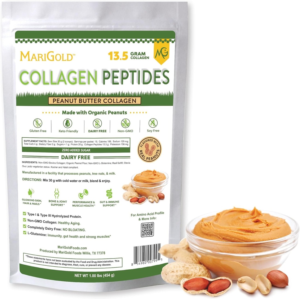 MariGold Grass-fed Collagen Peptides Powder Peanut Butter 1LB - 100% Pure, Type I & III Bovine Hydrolyzed Collagen, Non-GMO, Hormone Free, Soy Free, Gluten Free, Dairy Free, Keto-Friendly