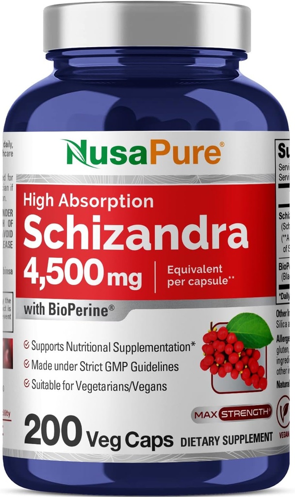 NusaPure Schizandra Berries 20:1 抽出物, 225 mg 相当 へ 4500 mg, 200 ビーガンカプセル (非GMO, バイオペリン)
