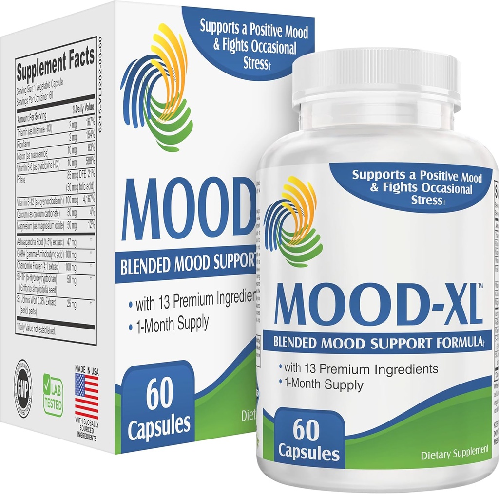 Mood-XL: 30 日 Mood サポート サプリメント (オールイン 1 ブレンド) 13 有効成分 | ヘルシーな気分サプリメント & ビタミン | 1-Month Supply | 60 カプセル