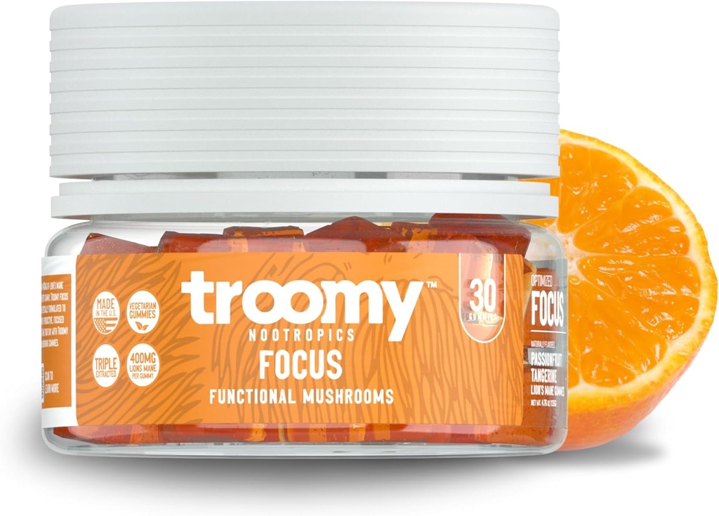 Troomy Lion's Mane Focus Gummies 30 Count - Natural Tangerine and Passionfruit Flavor, Gelatin-Free, Gluten-Free, Vegetarian