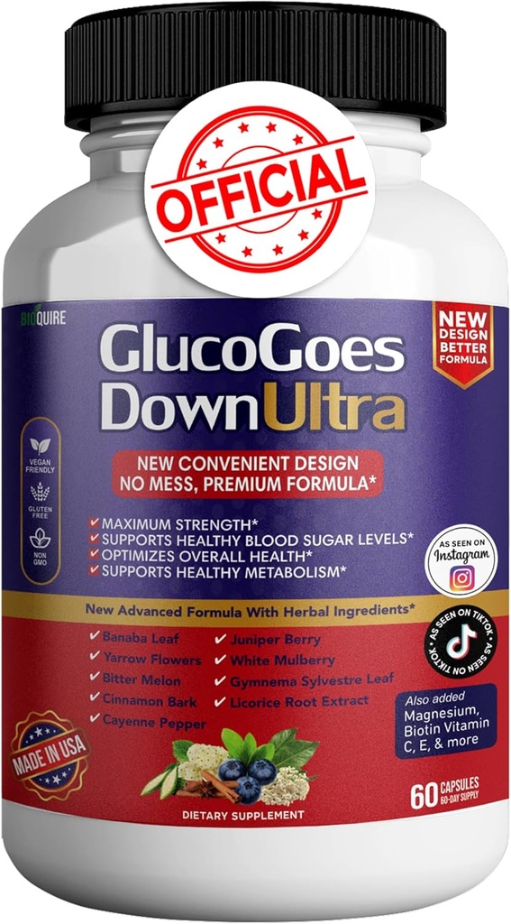 Gluco Goes Down Ultra Dietary Supplement, 60 Capsules, Maximum Strength, Supports Healthy Blood Sugar Levels, Optimizes Overall Health - Pack of 1