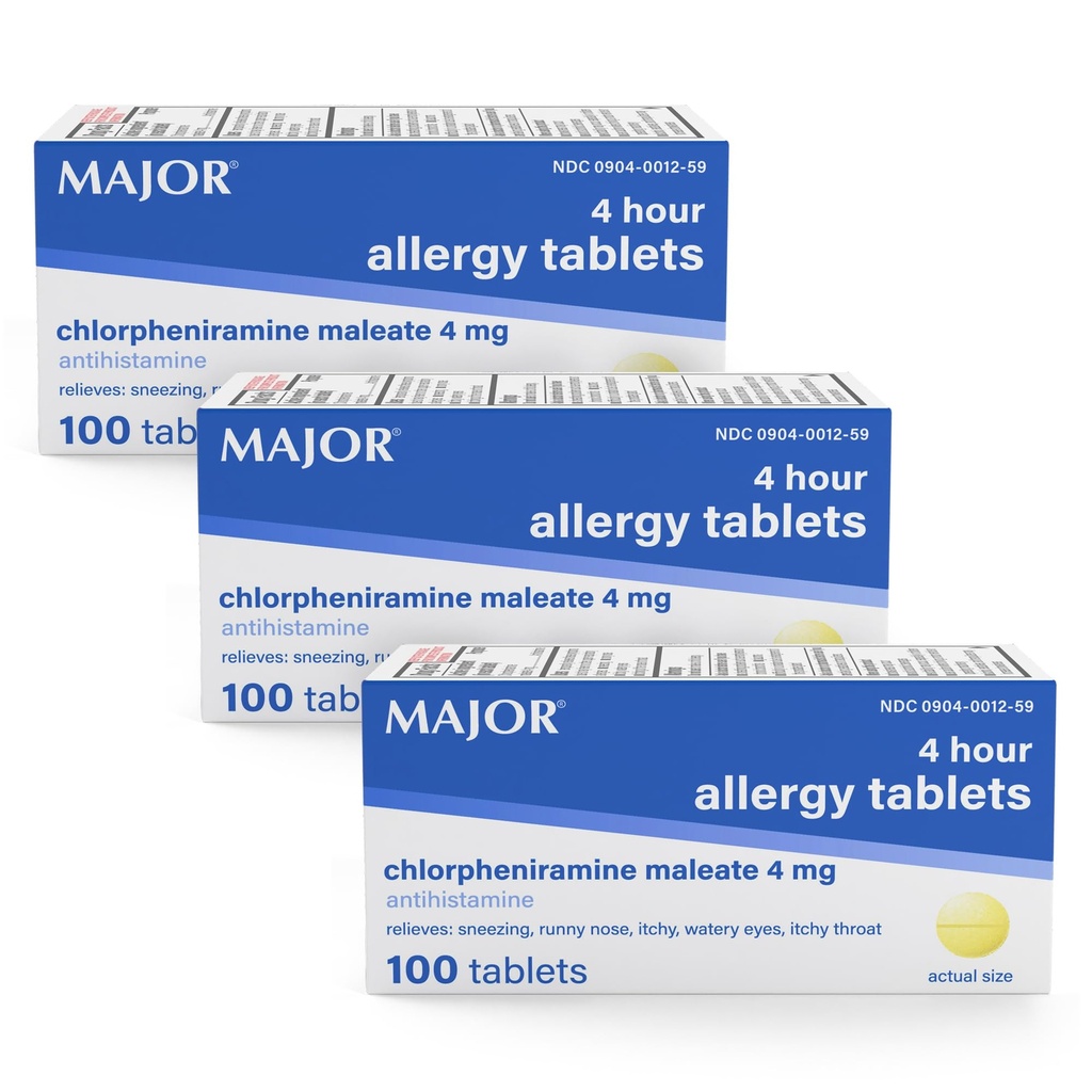 MAJOR 4 Mgのアレルギーのタブレット-Chlorpheniramineの4-Hourアレルギーの薬-Sneezing、Itchy水目の救助のためのAntihistamine、Itchyの喉およびRunnyの鼻- 100の計算(3のパック)