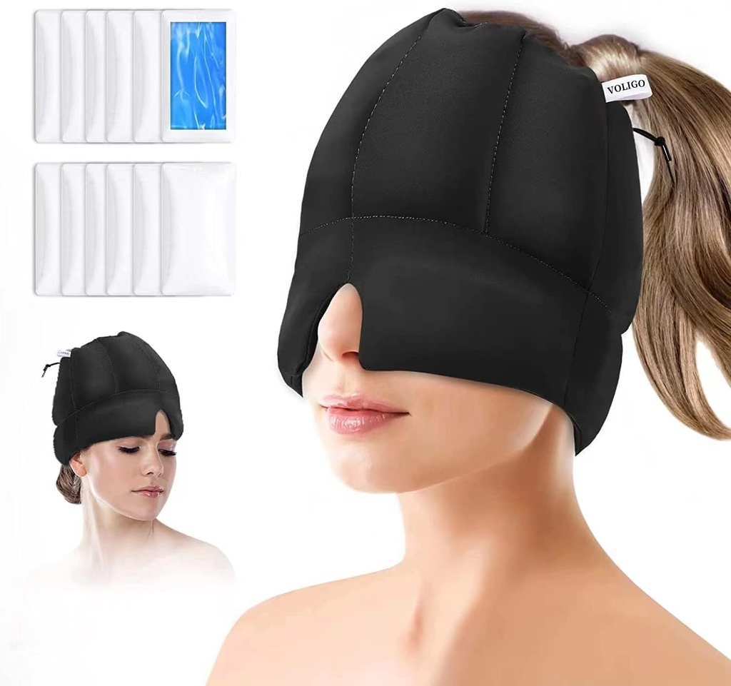 Migraineのアイスヘッドのパック-風邪の圧縮が付いている頭痛の救助の帽子、Sinusの救助のための冷却のゲルの帽子、張力、圧力および掛かる救助のための顔の冷たい圧縮のヘッド カバー(黒)