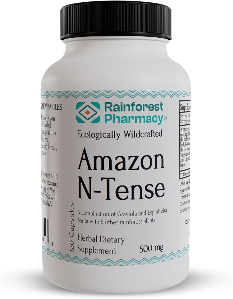 Rainforest Pharmacy N-Tense Soursop Graviola Capsules 500mg | Wildcrafted Graviola Plus 7 Amazon Rainforest Herbs to Supports Normal Cellular Health| 120 Vegetarian Capsules