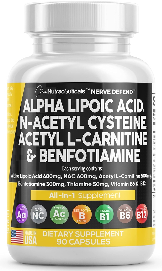 アルファLipoicの酸600mg Nアセチル Cysteine 600mgのアセチルLカルニチン500mg Benfotiamine 300mg - ビタミンB1 B6及びB12の女性そして人のためのNerveサポート補足-米国で作られる90帽子