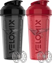 VELOMIX -2 パック- 28 oz プロテインミキサー用プロテインシェーカーボトル - 2x ワイヤーウィスク   リーク プロテインシェーク用プルーフシェーカーカップ | タンパク質シェーカーボトルパック | タンパク質シェイクス用シェーカー - ブラック&レッド
