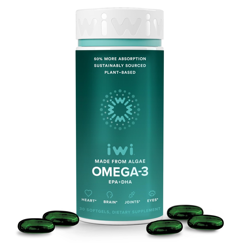 Iwi Omega-3, 30 Softgels (30 サービング), ビーガン植物ベースの藻オメガ 3 とEPA + DHA, 全身ボディサポート 栄養補助食品, キル & 魚油代替, 魚介類の後味なし