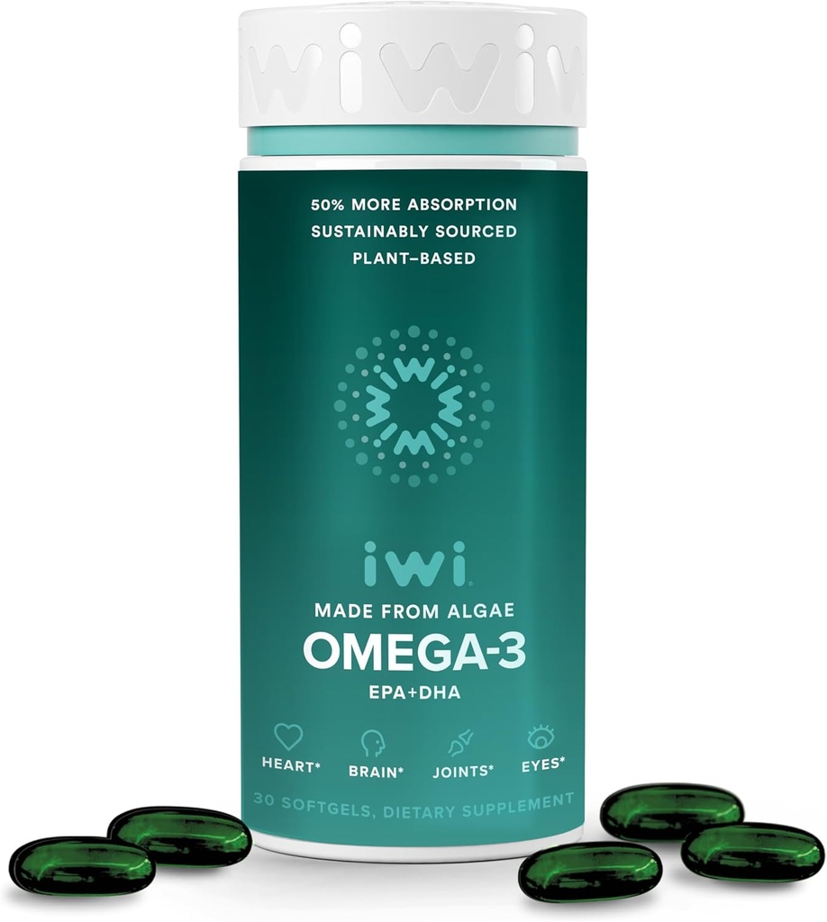 Iwi Omega-3, 30 Softgels (30 サービング), ビーガン植物ベースの藻オメガ 3 とEPA + DHA, 全身ボディサポート 栄養補助食品, キル & 魚油代替, 魚介類の後味なし