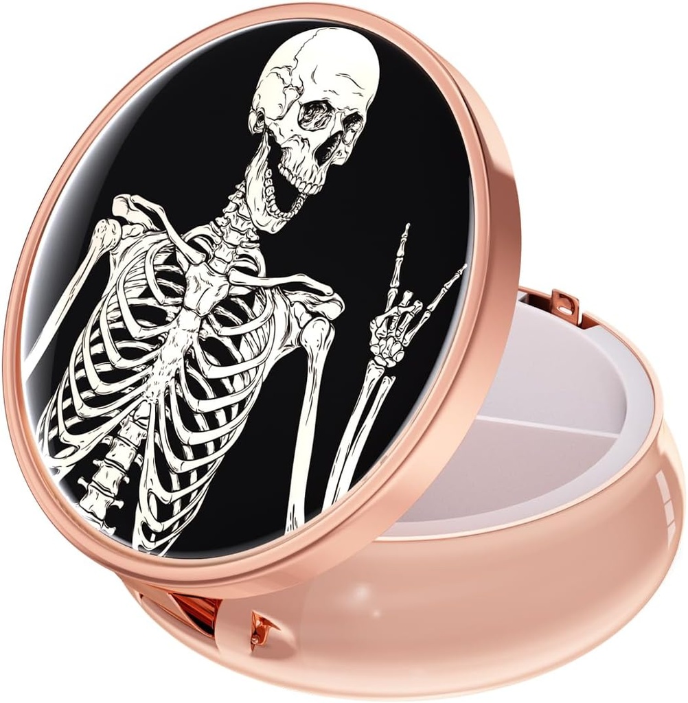 Rouidr Pill Box, 3 Compartment Medicine Pill Case, Small Metal Travel Medicine Box for Purse & Pocket, Rose Gold, Skull