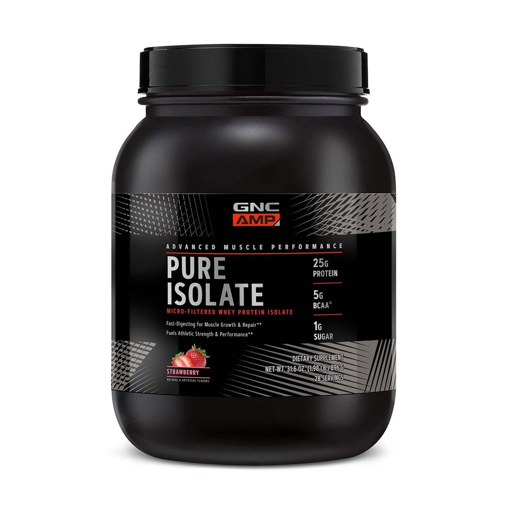 GNC AMP の純粋な隔離された乳蛋白質の粉、筋肉成長、回復、性能、25g 蛋白質、5g BCAA、1g 砂糖、130 カロリーかより少しの第 3 党テストされた、グルテンフリー、いちご、28 SVG