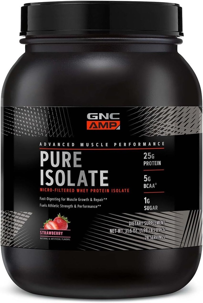 GNC AMP Pure Isolate Whey Protein Powder, Muscle Growth, Recovery, Performance, 25g Protein, 5g BCAA, 1g Sugar, 130 Calories or Less, 3rd Party Tested, Gluten Free, Strawberry, 28 SVG