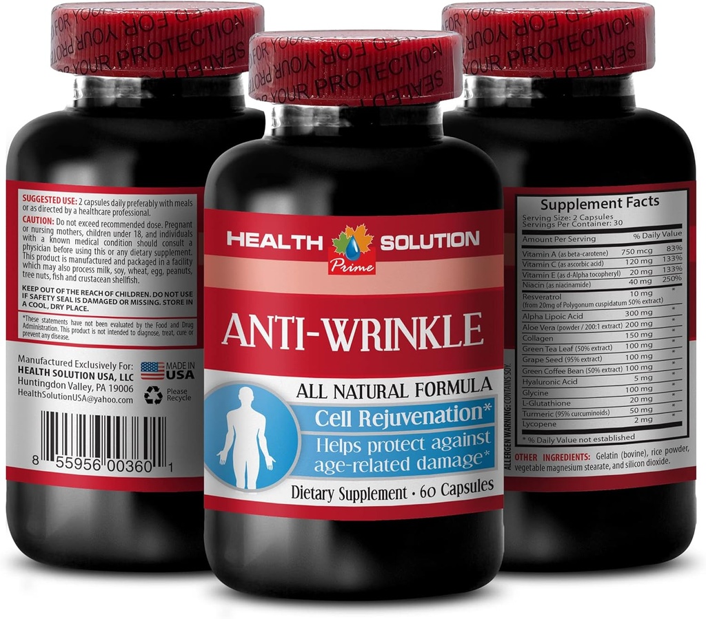 ビタミンEのコラーゲン - ANTI-WRINKLE COMPLEX - 皮膚鉱物、アンチエイジングの自然な方式、顔のための反しわのカプセル、血清の反しわ、アルファリポ酸、女性のための反しわの丸薬、1B 60の帽子